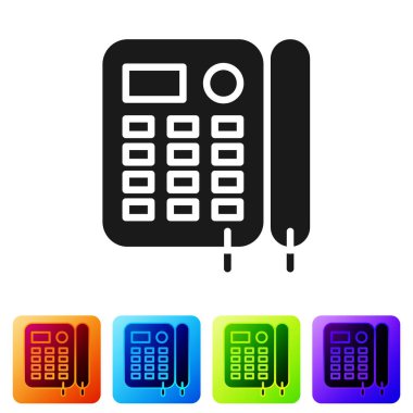 Siyah Telefon simgesi beyaz arkaplanda izole edildi. Sabit telefon. Renkli kare düğmelerle simgeleri ayarla. Vektör İllüstrasyonu