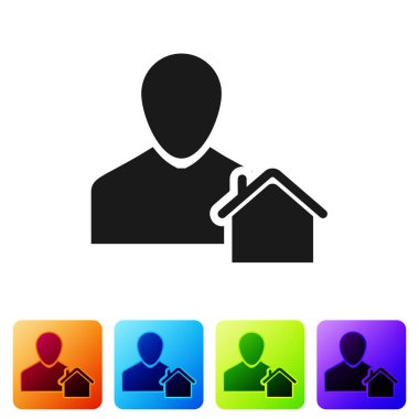 Siyah emlakçı simgesi beyaz arkaplanda izole edildi. Ev almak. Renkli kare düğmelerle simgeleri ayarla. Vektör İllüstrasyonu