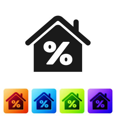 Beyaz arka planda izole edilmiş indirimli etiket simgesine sahip Kara Ev. Evin yüzdesi tabela fiyatı. Emlak evi. Kredi yüzdesi sembolü. Renkli kare düğmelerle simgeleri ayarla. Vektör İllüstrasyonu
