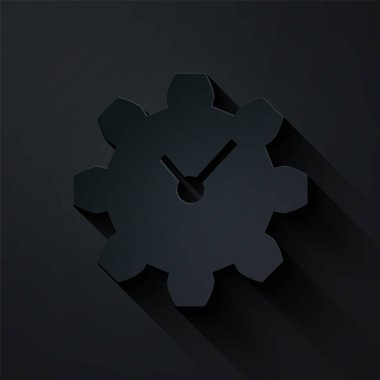 Kağıt kesiği Zaman Yönetimi simgesi siyah arkaplanda izole edildi. Saat ve vites tabelası. Üretkenlik sembolü. Kağıt sanatı tarzı. Vektör İllüstrasyonu