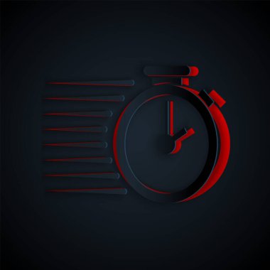 Kağıt kesiği Kronometre simgesi siyah arkaplanda izole edildi. Zaman göstergesi. Kağıt sanatı tarzı. Vektör İllüstrasyonu