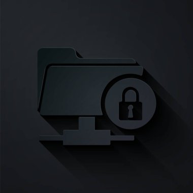 Kağıt kesiği Ftp dizini ve kilit simgesi siyah arkaplanda izole edildi. Yazılım güncellemesi konsepti, ftp transfer protokolü. Güvenlik, güvenlik, koruma kavramı. Kağıt sanatı tarzı. Vektör İllüstrasyonu