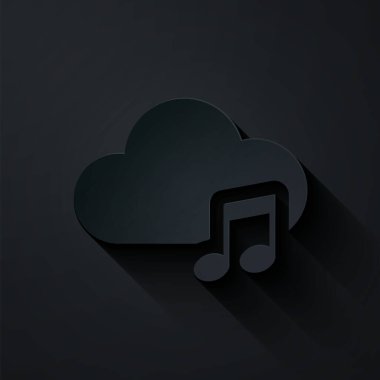 Kağıt kesimi Müzik akışı servis simgesi siyah arkaplanda izole edildi. Ses bulutu hesaplama, çevrimiçi medya yayını, online şarkı, ses dalgası. Kağıt sanatı tarzı. Vektör İllüstrasyonu