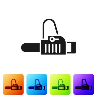 Siyah testere simgesi beyaz arkaplanda izole edildi. Renkli kare düğmelerle simgeleri ayarla. Vektör İllüstrasyonu