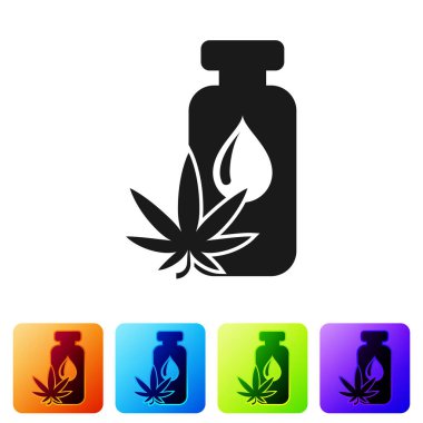 Siyah tıbbi marihuana ya da kenevir yaprağı zeytinyağı damlası ikonu beyaz arka planda izole edilmiş. Esrar özütü. Kenevir sembolü. Renkli kare düğmelerle simgeleri ayarla. Vektör İllüstrasyonu