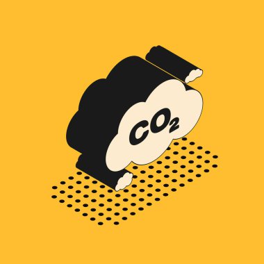 Bulut simgesindeki Isometric CO2 emisyonları sarı arkaplanda izole edildi. Karbondioksit formülü sembolü, duman kirliliği konsepti, çevre konsepti. Vektör İllüstrasyonu
