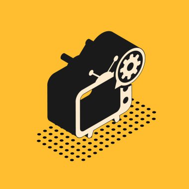 Sarı arka planda Isome TV ve dişli ikonu izole edildi. Televizyon hizmeti konsepti. Uygulama ayarlanıyor, seçenekler ayarlanıyor, bakım, onarım, onarım. Vektör İllüstrasyonu