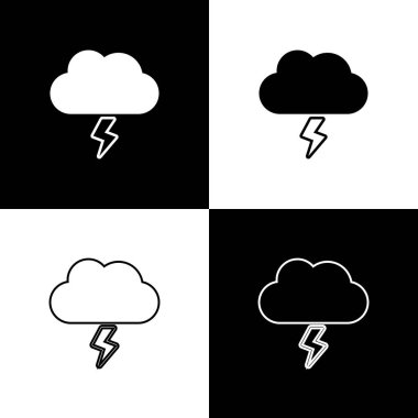 Siyah beyaz arka planda yalıtılmış Fırtına simgesini ayarlayın. Bulut ve şimşek işareti. Fırtınanın hava ikonu. Vektör İllüstrasyonu