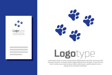 Mavi Pençe yazdırma simgesi beyaz arkaplanda izole edildi. Köpek ya da kedi pençesi izi. Hayvan izleri. Logo tasarım şablonu elemanı. Vektör İllüstrasyonu