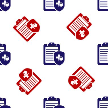 Tıbbi evcil hayvan ikonuna sahip mavi ve kırmızı pano beyaz arka planda izole edilmiş kusursuz desen. Sağlık sigortası formu. Tıbbi kontrol işaretleri raporu. Vektör İllüstrasyonu