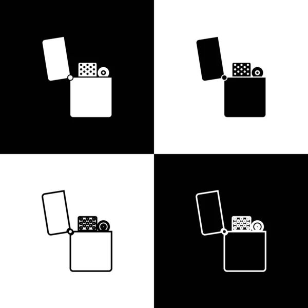 Imposta icona Accendino isolata su sfondo bianco e nero. Illustrazione vettoriale — Vettoriale Stock