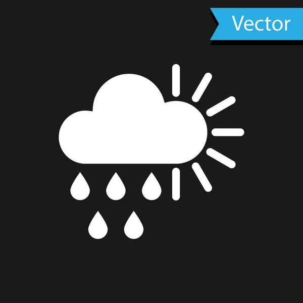 White Cloudy with rain and sun icon isolated on black background. Rain cloud precipitation with rain drops. Vector Illustration — Stock Vector