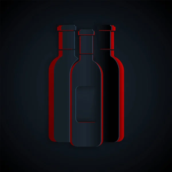 Corte de papel Botellas de vino icono aislado sobre fondo negro. Estilo de arte de papel. Ilustración vectorial — Vector de stock