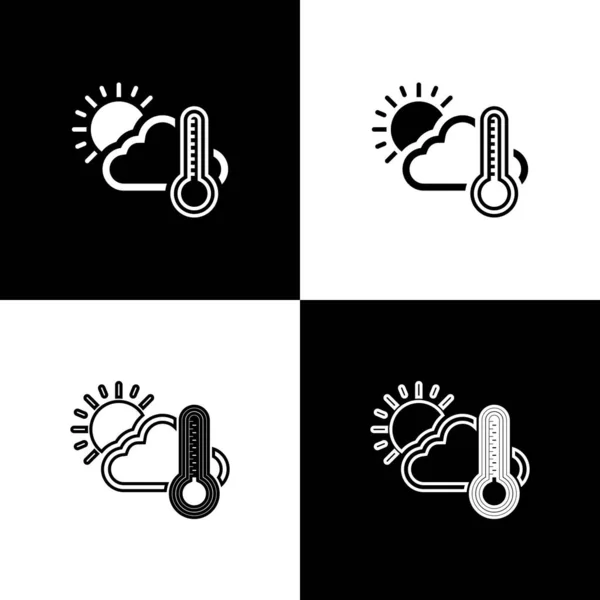 Set Thermometer und Wolke mit Sonnensymbol isoliert auf schwarz-weißem Hintergrund. Vektorillustration — Stockvektor