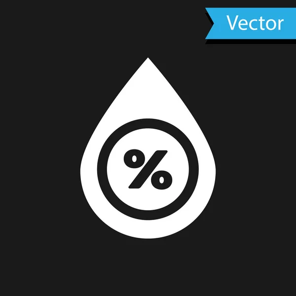 Ícone percentual de gota de água branca isolado no fundo preto. Análise da humidade. Ilustração vetorial — Vetor de Stock