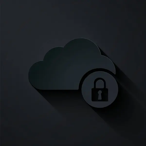 Papiergeschnittene Cloud-Computing-Schloss-Symbol isoliert auf schwarzem Hintergrund. Sicherheit, Sicherheit, Schutzkonzept. Papierkunst. Vektorillustration — Stockvektor