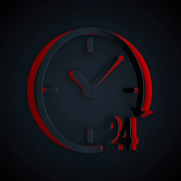 Corte de papel Relógio 24 horas ícone isolado no fundo preto. Ícone cíclico o dia todo. 24 horas de símbolo de serviço. Estilo de arte de papel. Ilustração vetorial — Vetor de Stock