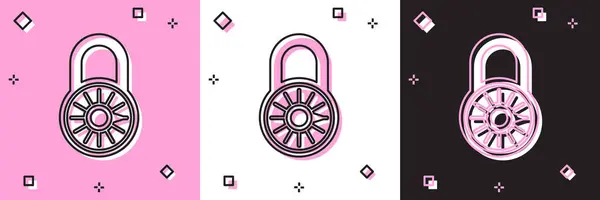 Definir combinação segura ícone da roda de bloqueio isolado em rosa e branco, fundo preto. Cadeado combinado. Segurança, segurança, proteção, senha, privacidade. Ilustração vetorial — Vetor de Stock