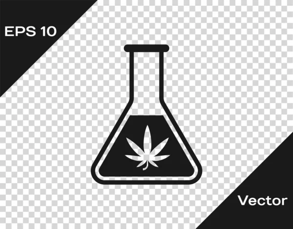 Graues chemisches Reagenzglas mit Marihuana oder Cannabisblatt-Symbol auf transparentem Hintergrund. Forschungskonzept. Labor cbd Öl-Konzept. Vektorillustration — Stockvektor