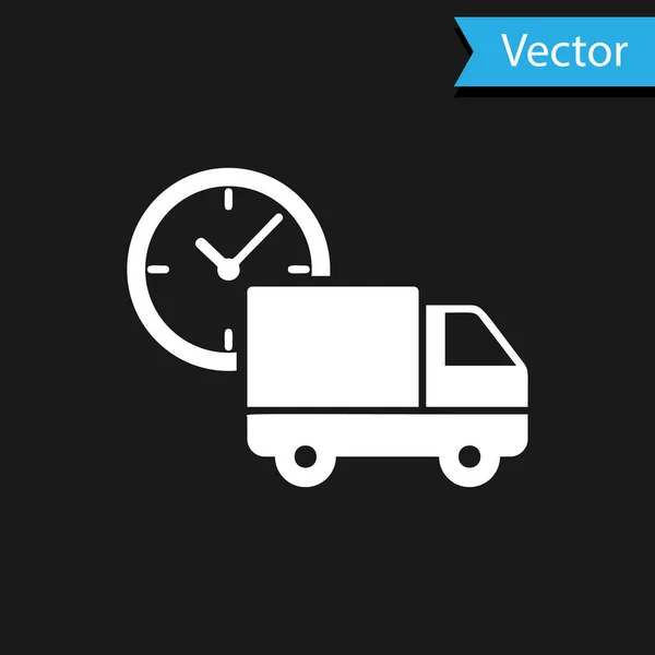 Weißer Logistik-Lieferwagen und Uhr-Symbol isoliert auf schwarzem Hintergrund. Lieferzeit-Symbol. Vektorillustration — Stockvektor