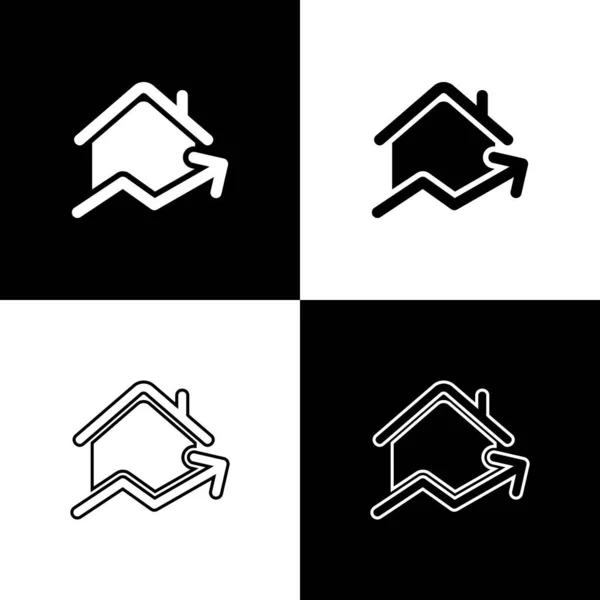 Nastavit rostoucí náklady na ikonu bydlení izolované na černém a bílém pozadí. Stoupající cena nemovitostí. Domácí graf roste. Vektorová ilustrace — Stockový vektor