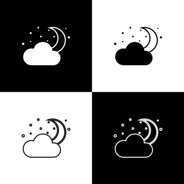 Set Cloud con luna e stelle icona isolata su sfondo bianco e nero. Segno notturno nuvoloso. Sonno sogno simbolo. Segnale notturno o notturno. Illustrazione vettoriale — Vettoriale Stock