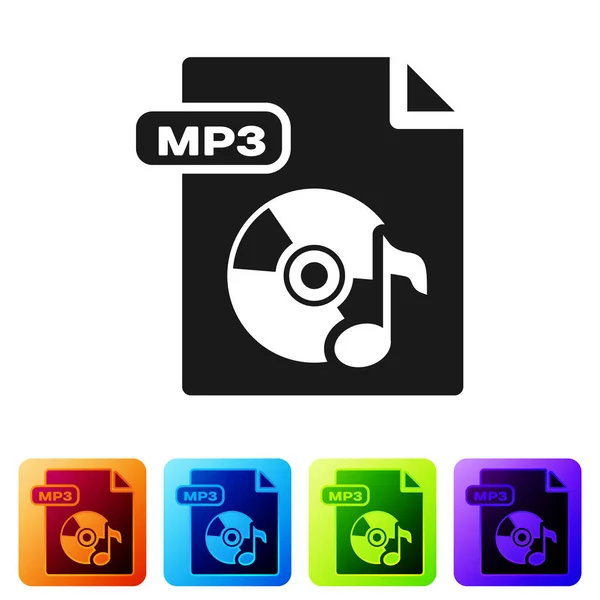 블랙 MP3 파일 문서. 흰색 배경에 분리 된 MP3 버튼 아이콘을 다운로드하 세요. MP3 뮤직 포맷 사인. MP3 파일 심볼. 색 네모 단추에 아이콘을 넣는다. 벡터 일러스트 — 스톡 벡터