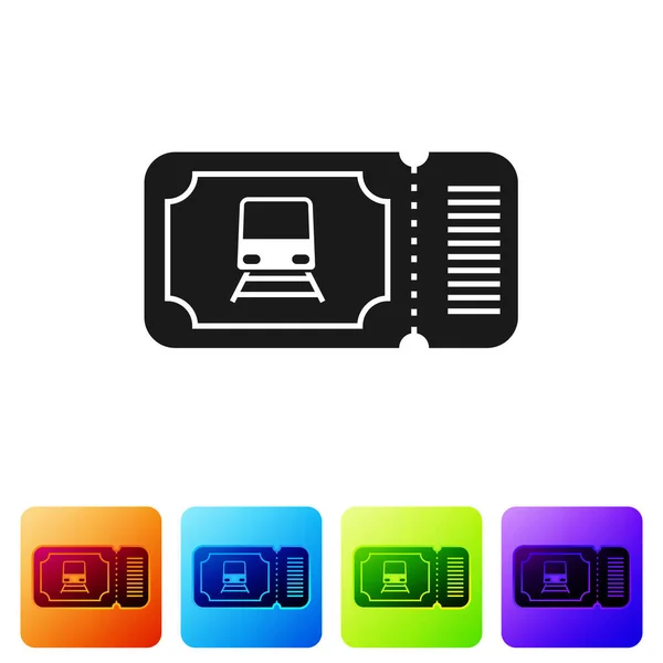 Zwarte trein ticket pictogram geïsoleerd op witte achtergrond. Reizen per spoor. Stel pictogrammen in kleur vierkante knoppen. Vector Illustratie — Stockvector