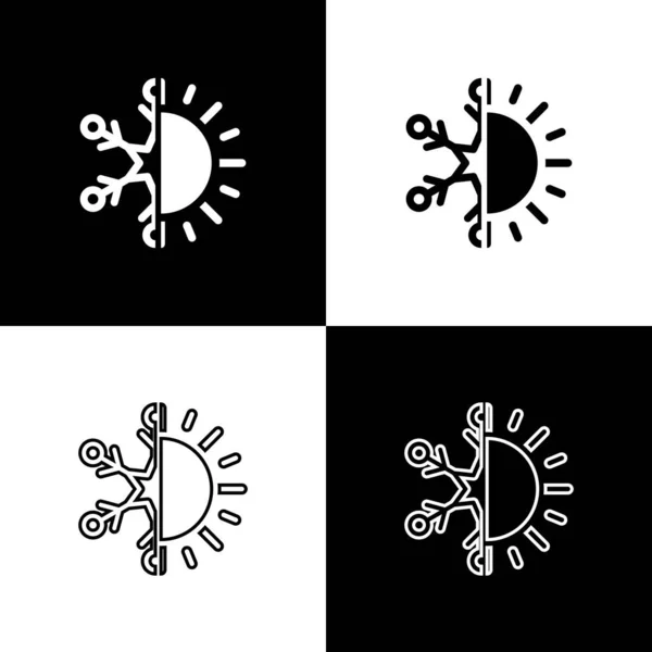 Установите горячий и холодный символ. Иконка солнца и снежинки изолированы на черно-белом фоне. Зимний и летний символ. Векторная миграция — стоковый вектор