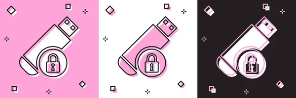 Definir unidade flash USB com ícone de cadeado fechado isolado em rosa e branco, fundo preto. Segurança, segurança, proteção conceito. Ilustração vetorial — Vetor de Stock