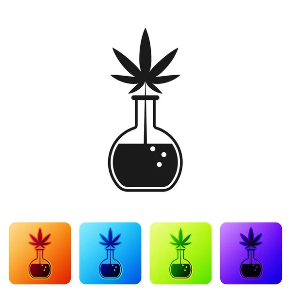 Black Chemical provetta con marijuana o icona foglia di cannabis isolato su sfondo bianco. Concetto di ricerca. Concetto di olio di CBD di laboratorio. Imposta le icone nei pulsanti quadrati a colori. Illustrazione vettoriale — Vettoriale Stock
