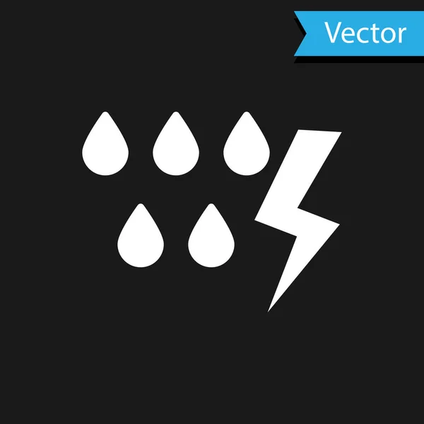 Icono de tormenta blanca aislado sobre fondo negro. Señal de caída y relámpago. Icono del tiempo de tormenta. Ilustración vectorial — Vector de stock