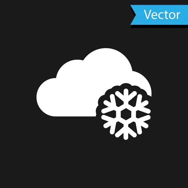 Nuage blanc avec icône de neige isolée sur fond noir. Nuage avec flocons de neige. Icône météo unique. Signe de neige. Illustration vectorielle — Image vectorielle