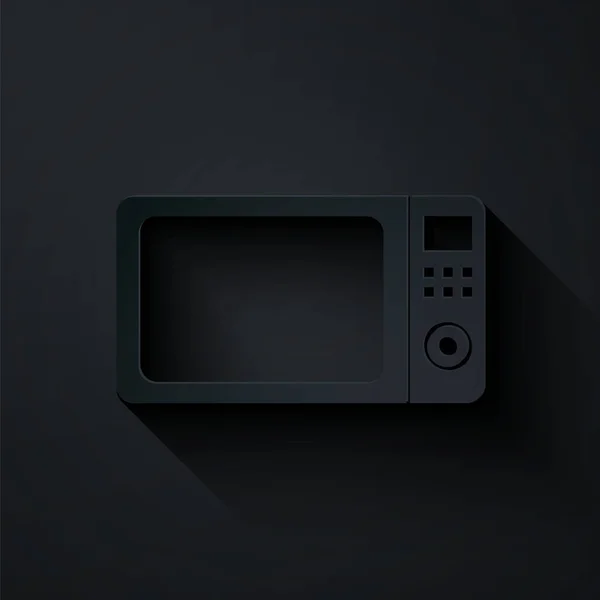 Mikrovlnná trouba ikona izolované na černém pozadí. Ikona domácích spotřebičů.Papírový styl umění. Vektorová ilustrace — Stockový vektor