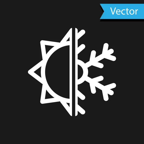 Símbolo blanco caliente y frío. Icono de sol y copo de nieve aislado sobre fondo negro. Símbolo de invierno y verano. Ilustración vectorial — Vector de stock