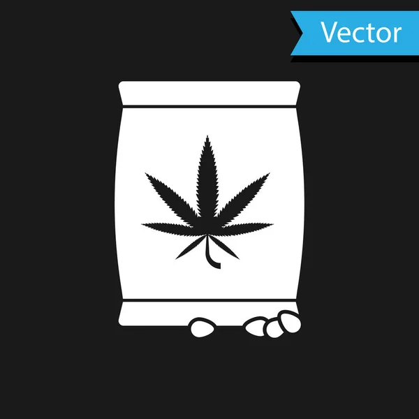 Белая марихуана или семян конопли в мешок значок изолированы на черном фоне. Символ конопли. Процесс посадки марихуаны. Векторная миграция — стоковый вектор