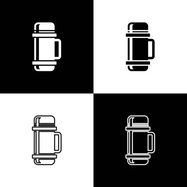 Set Icono de contenedor Thermos aislado sobre fondo blanco y negro. Icono de termo frasco. Equipo de camping y senderismo. Ilustración vectorial — Vector de stock