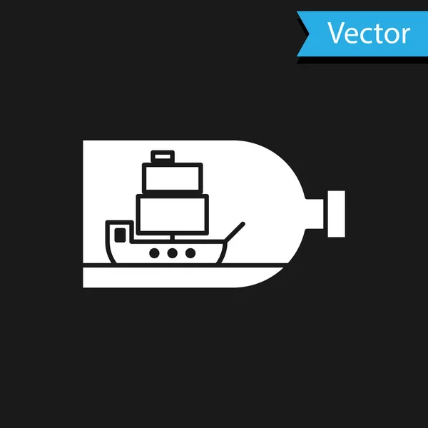 Garrafa de vidro branco com navio dentro ícone isolado no fundo preto. Modelo em miniatura de embarcação marinha. Hobby e tema do mar. Ilustração vetorial — Vetor de Stock