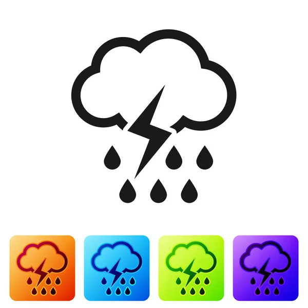 Schwarze Wolke mit Regen und Blitz-Symbol auf weißem Hintergrund. Regenwolken Niederschlag mit Regentropfen. Wettersymbol des Sturms. setzen Sie Symbole in farbigen quadratischen Buttons. Vektorillustration — Stockvektor