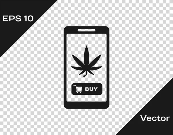 Teléfono móvil gris y marihuana medicinal o icono de la hoja de cannabis aislado en un fondo transparente. Símbolo de compra online. Cesta del supermercado. Ilustración vectorial — Vector de stock