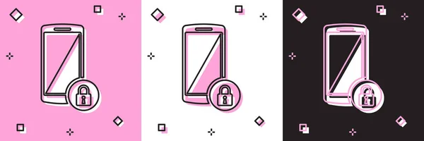 Definir Smartphone com ícone de cadeado fechado isolado em rosa e branco, fundo preto. Telefone com fechadura. Segurança móvel, segurança, conceito de proteção. Ilustração vetorial — Vetor de Stock