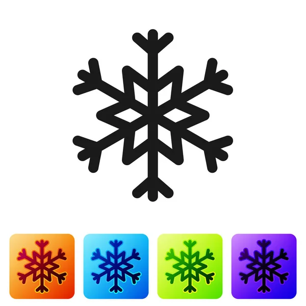 Μαύρο εικονίδιο νιφάδας χιονιού απομονωμένο σε λευκό φόντο. Ορισμός εικονιδίων σε χρωματιστά τετράγωνα κουμπιά. Εικονογράφηση διανύσματος — Διανυσματικό Αρχείο