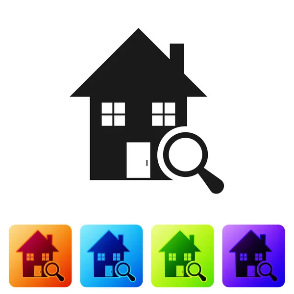 Black Search ícone da casa isolado no fundo branco. Símbolo imobiliário de uma casa sob lupa. Definir ícones em botões quadrados de cor. Ilustração vetorial — Vetor de Stock