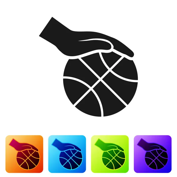 Schwarze Hand mit Basketballsymbol auf weißem Hintergrund. Sport-Symbol. setzen Sie Symbole in farbigen quadratischen Buttons. Vektorillustration — Stockvektor