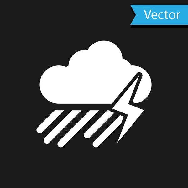 Nube Blanca con la lluvia y relámpago icono aislado sobre fondo negro. Precipitación de nubes de lluvia con gotas de lluvia.Icono meteorológico de la tormenta. Ilustración vectorial — Vector de stock