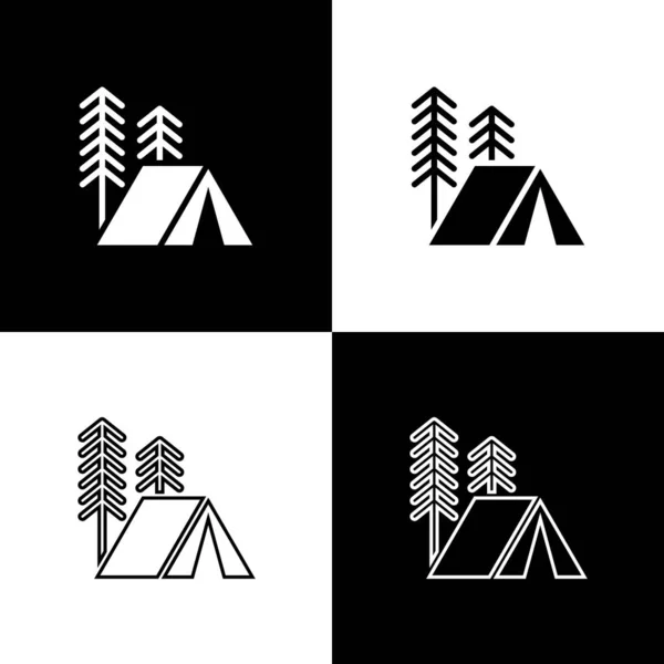 Zestaw Ikona namiotu turystycznego izolowana na czarno-białym tle. Symbol kempingu. Ilustracja wektora — Wektor stockowy