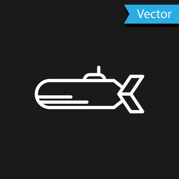 Icono submarino blanco aislado sobre fondo negro. Nave militar. Ilustración vectorial — Vector de stock