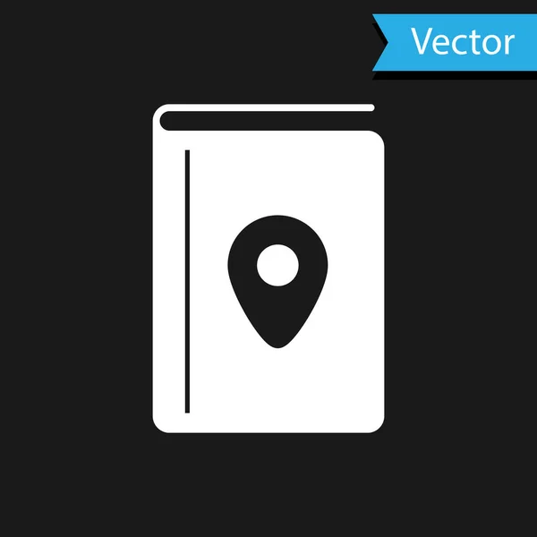 Cubierta blanca libro guía de viaje icono aislado sobre fondo negro. Ilustración vectorial — Vector de stock