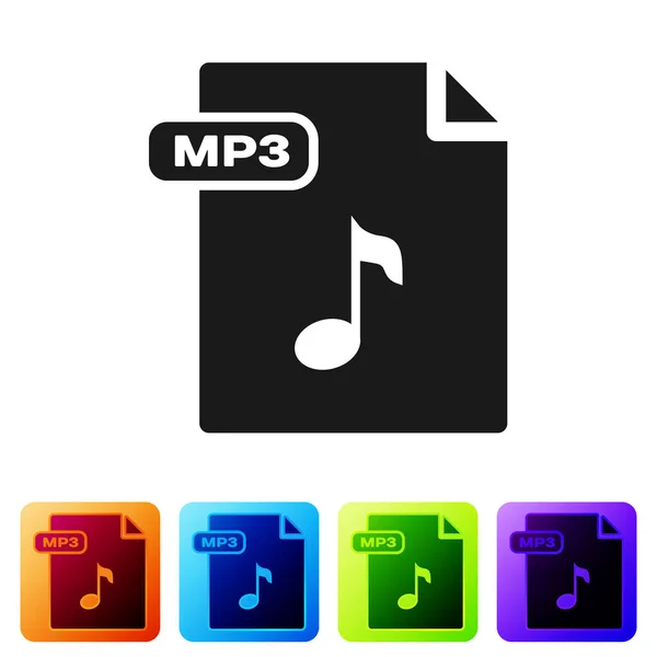 Siyah Mp3 dosya dökümanı. Beyaz arkaplanda izole edilmiş mp3 düğmesi simgesi indir. Mp3 müzik format işareti. Mp3 dosya sembolü. Renkli kare düğmelerle simgeleri ayarla. Vektör İllüstrasyonu — Stok Vektör