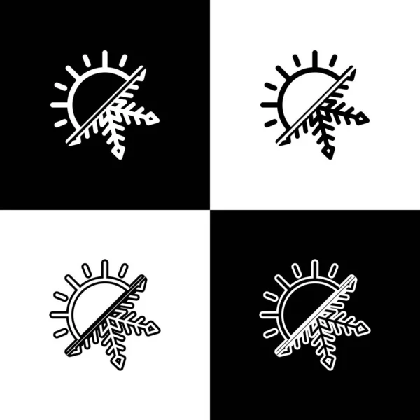 Set heißes und kaltes Symbol. Sonne und Schneeflockensymbol isoliert auf schwarz-weißem Hintergrund. Winter- und Sommersymbol. Vektorillustration — Stockvektor